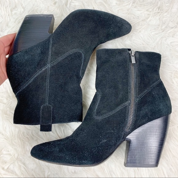 PELLE MODA Genuine Black Suede Chunky Stacked Heel Pointed Toe Zip Ankle Boots - Picture 4 of 12